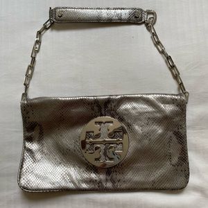 Tory Burch Reva Clutch in Silver Snakeskin